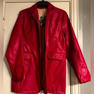 Women’s Red Vintage Faux Leather Oversized Blazer, Button Down with Pockets